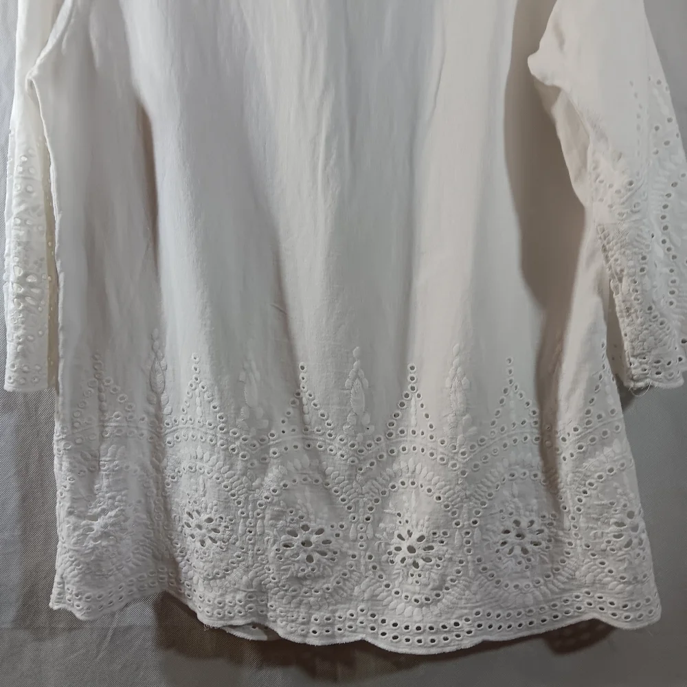Marina Luna Womens Large Top White Linen Blend Tunic Eyelet Trim Beach Blouse